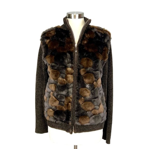 Lisa International Womens Brown Faux Fur Cardigan Sweater Full Zip size Small - Picture 1 of 12